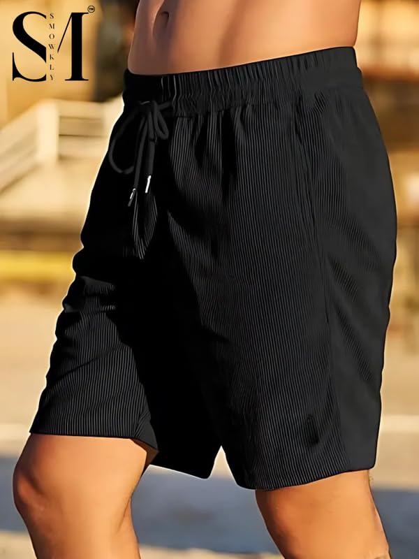 SMOWKLY Men's Premium Polycotton Casual Ribbed Shorts || Elastic & Drawstring Waist with 2 Pocket || Loose Fit Lightweight Burmuda Perfect for Workout, Beach & Summer ||Shorts Pant for Men Black - Image 3