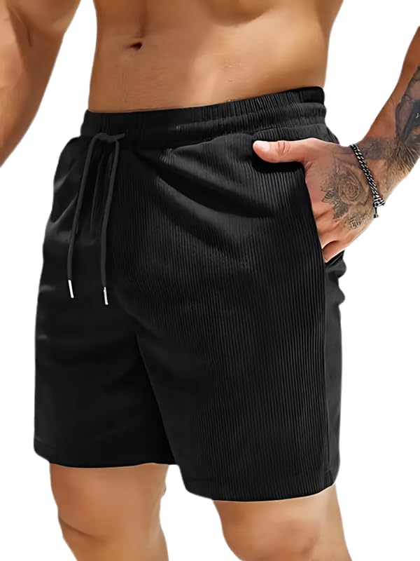 SMOWKLY Men's Premium Polycotton Casual Ribbed Shorts || Elastic & Drawstring Waist with 2 Pocket || Loose Fit Lightweight Burmuda Perfect for Workout, Beach & Summer ||Shorts Pant for Men Black - Image 1