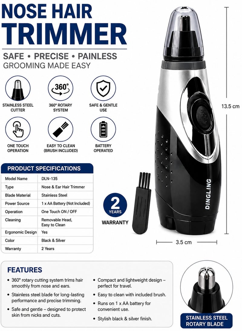 Dingling Nose Trimmer Men Women Electric Facial Hair Ear Eyebrow Grooming Shaver Portable Cordless Rechargeable Safe Precision Trimming Tool with Cleaning Brush Black Silver DLN -135. - Image 5
