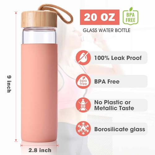 Yomious 20 Oz Borosilicate Glass Water Bottles with Silicone Sleeve BPA Free, Dishwasher Safe - Reusable Clear Glass Drinking with Leak Proof Bamboo Lid | Perfect Gym Water Bottles for Men & Women - Image 3