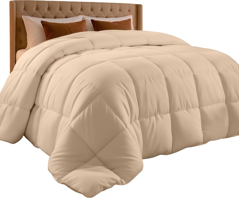 Comforter Duvet Insert - Quilted Comforter with Corner Tabs - Box Stitched Down Alternative Comforter (King, Beige) - Image 1