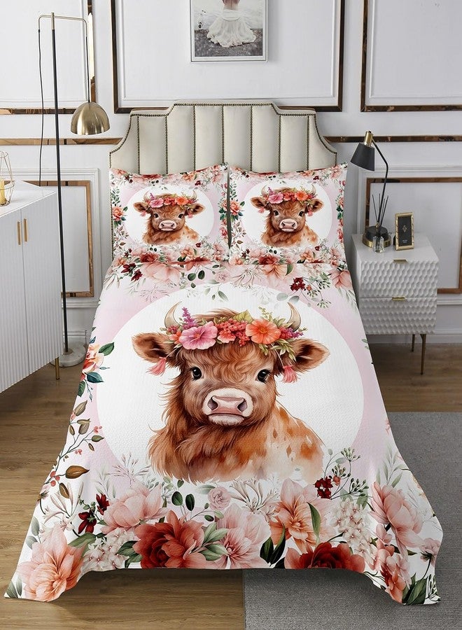 Feelyou غطاء سرير بنقشة بقرة هايلاند لطيفة، مقاس مفرد، للأطفال، برسومات حيوانات كرتونية، مناسب للأولاد والبنات والمراهقين، طقم غطاء سرير بنقشة زهور، مستوحى من ديكورات غرف الأطفال، بنمط مزرعة وحديقة حيوانات. - Image 2