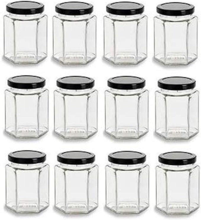 12 PCS 9 OZ HEXAGON GLASS JARS WITH BLACK LIDS 270 ML