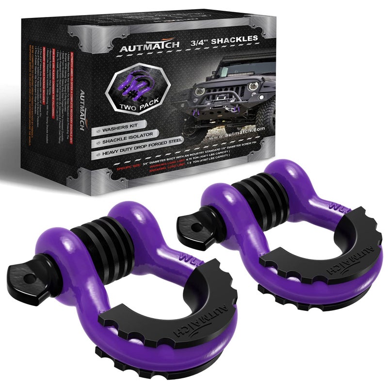 AUTMATCH D Ring Shackle 34 Shackles 2 Pack  Clevis Shackle 41887Ibs Break Strength with 78 Screw Pin and Isolator Washers Kit for Tow Strap Winch Off Road Vehicle Recovery Purple