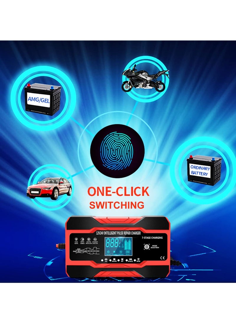 SYOSI SYOSI Car Battery Charger, 10A 12V/5A 24V Battery Charger, Portable Automatic Battery Charger Maintainer with LCD Screen, 7-stage Pulse Repair Charger for Car, Truck, Lawn, Motorcycle, Mower, Boat  - Image 2