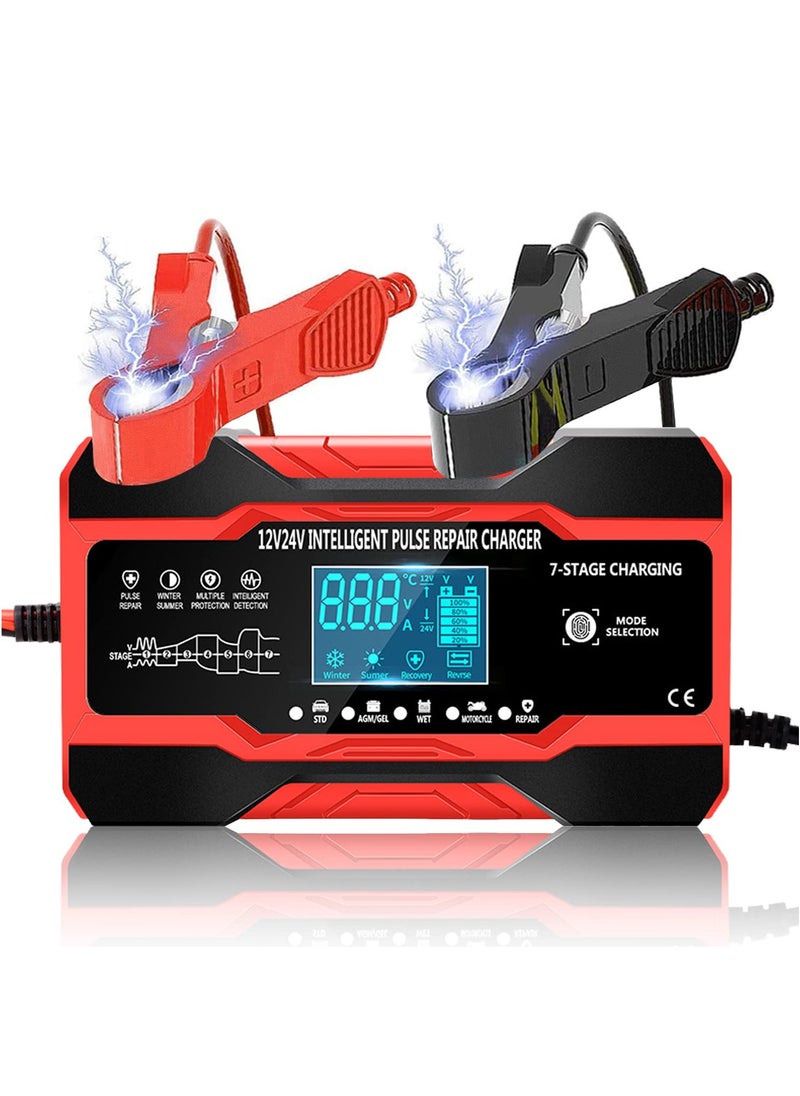 SYOSI SYOSI Car Battery Charger, 10A 12V/5A 24V Battery Charger, Portable Automatic Battery Charger Maintainer with LCD Screen, 7-stage Pulse Repair Charger for Car, Truck, Lawn, Motorcycle, Mower, Boat  - Image 1
