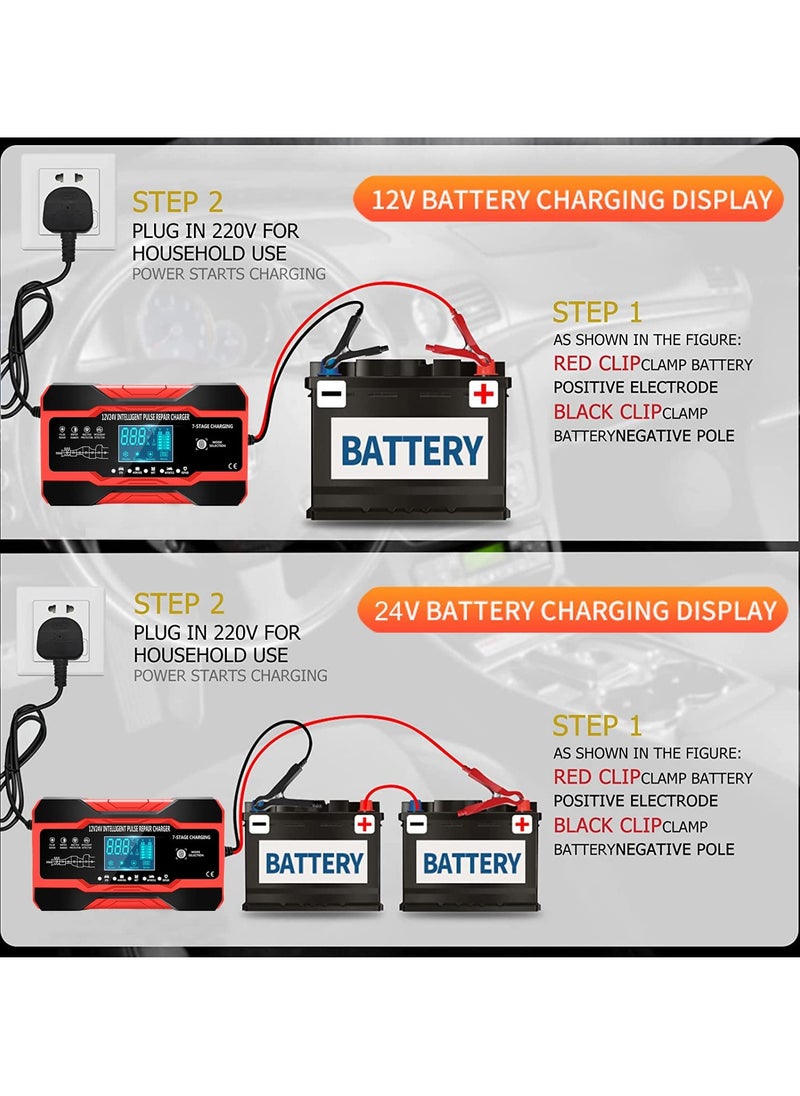 SYOSI SYOSI Car Battery Charger, 10A 12V/5A 24V Battery Charger, Portable Automatic Battery Charger Maintainer with LCD Screen, 7-stage Pulse Repair Charger for Car, Truck, Lawn, Motorcycle, Mower, Boat  - Image 4