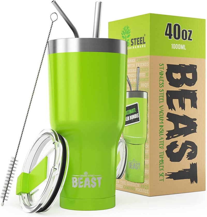Greens Steel Beast 40 oz Tumbler Stainless Steel Vacuum Insulated Coffee Ice Cup Double Wall Travel Flask (Lemongrass Green)  - Image 1