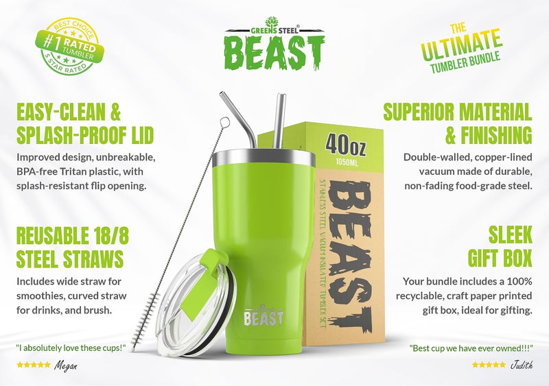 Greens Steel Beast 40 oz Tumbler Stainless Steel Vacuum Insulated Coffee Ice Cup Double Wall Travel Flask (Lemongrass Green)  - Image 2