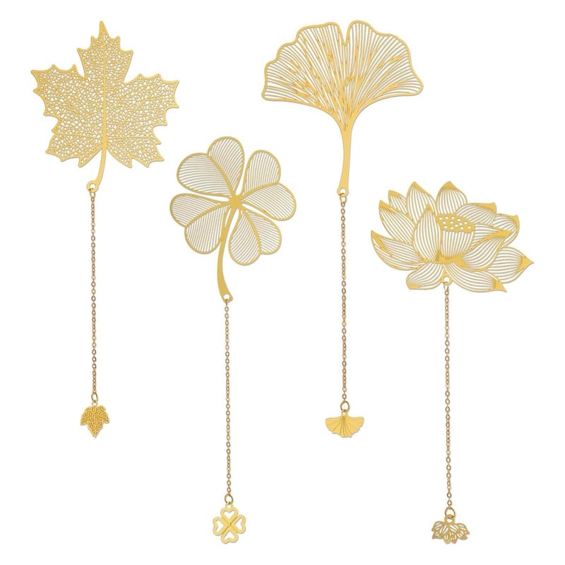 OFIFO ® 4 Pcs Metal Bookmarks with Chain, Golden Floral Cutout, Vintage Page Markers for Books, Journals, Notebooks, Ideal Gift for Book Lovers, Students, Office Staff - Image 1