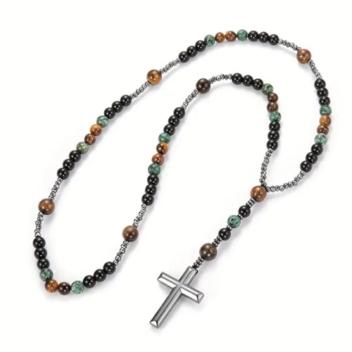 EDMIRIA Cross Pendant Beaded Necklace for Men Women, Catholic Rosary, Prayer Beads Rosary Necklace Religious Jewelry (Tigers Eye+ Hematite+ Obsidian+Serpentine) - Image 1