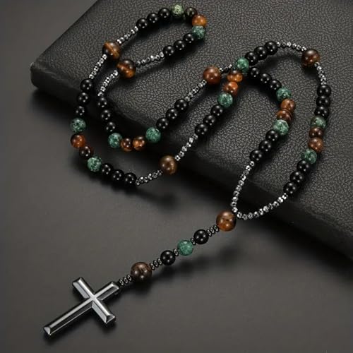 EDMIRIA Cross Pendant Beaded Necklace for Men Women, Catholic Rosary, Prayer Beads Rosary Necklace Religious Jewelry (Tigers Eye+ Hematite+ Obsidian+Serpentine) - Image 2