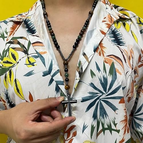EDMIRIA Cross Pendant Beaded Necklace for Men Women, Catholic Rosary, Prayer Beads Rosary Necklace Religious Jewelry (Tigers Eye+ Hematite+ Obsidian+Serpentine) - Image 4