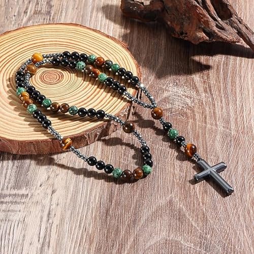EDMIRIA Cross Pendant Beaded Necklace for Men Women, Catholic Rosary, Prayer Beads Rosary Necklace Religious Jewelry (Tigers Eye+ Hematite+ Obsidian+Serpentine) - Image 5