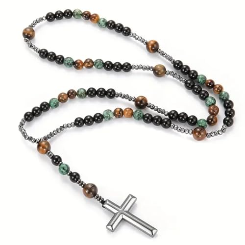 EDMIRIA Cross Pendant Beaded Necklace for Men Women, Catholic Rosary, Prayer Beads Rosary Necklace Religious Jewelry (Tigers Eye+ Hematite+ Obsidian+Serpentine) - Image 3
