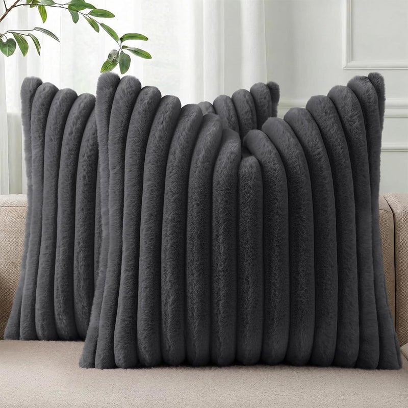 Pallene Faux Fur Plush Throw Pillow Covers 26x26 Set of 2, Luxury Soft Fluffy Striped Decorative Pillow Covers for Sofa, Couch, Living Room, Dark Grey - Image 1