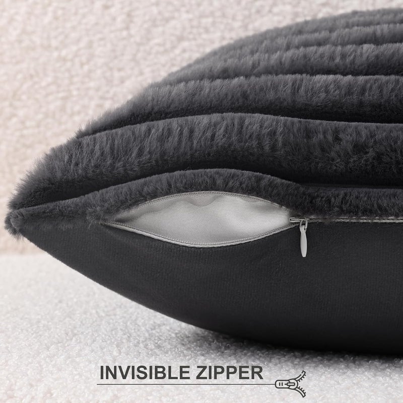 Pallene Faux Fur Plush Throw Pillow Covers 26x26 Set of 2, Luxury Soft Fluffy Striped Decorative Pillow Covers for Sofa, Couch, Living Room, Dark Grey - Image 3