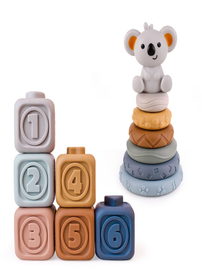 Cross-border infant educational building blocks cognitive embossed soft building blocks manual brain DIY soft rubber building block toy manufacturers Koala + soft rubber ring 6 layers + soft rubber square 6pcs (English color box) - Image 2