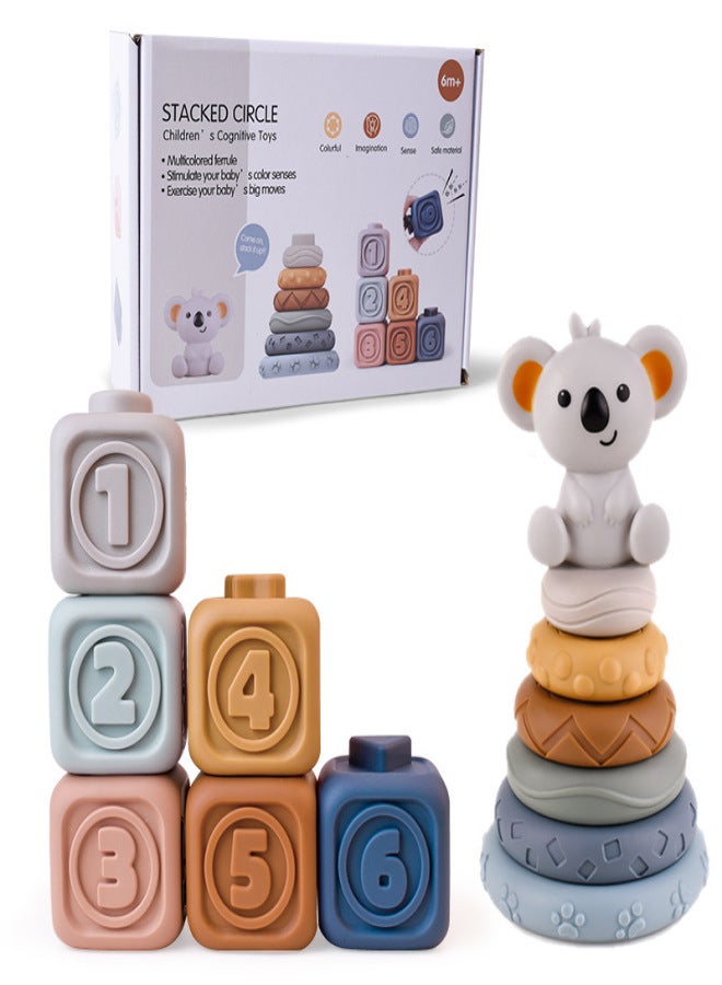 Cross-border infant educational building blocks cognitive embossed soft building blocks manual brain DIY soft rubber building block toy manufacturers Koala + soft rubber ring 6 layers + soft rubber square 6pcs (English color box) - Image 1