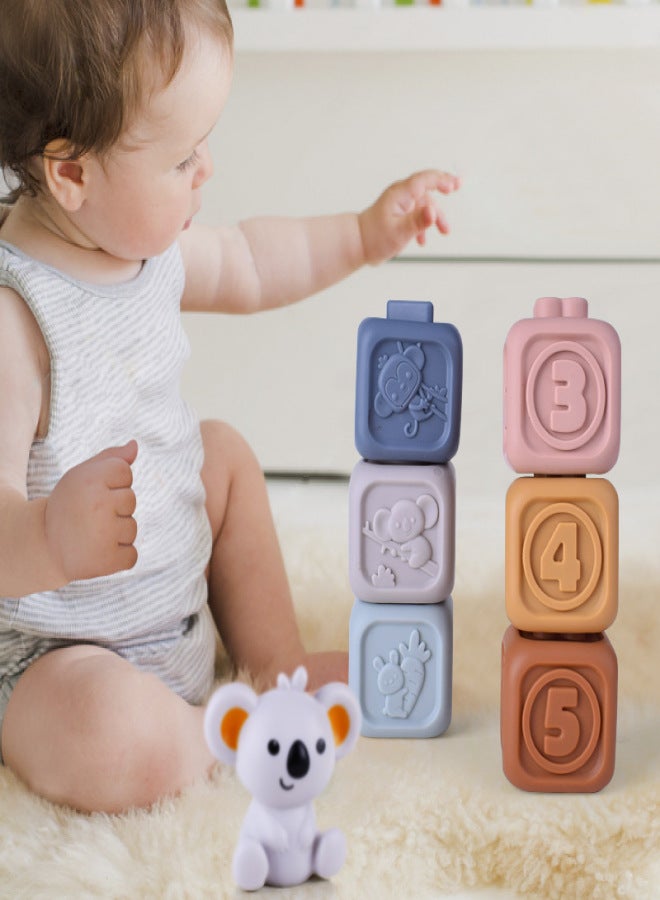 Cross-border infant educational building blocks cognitive embossed soft building blocks manual brain DIY soft rubber building block toy manufacturers Koala + soft rubber ring 6 layers + soft rubber square 6pcs (English color box) - Image 4