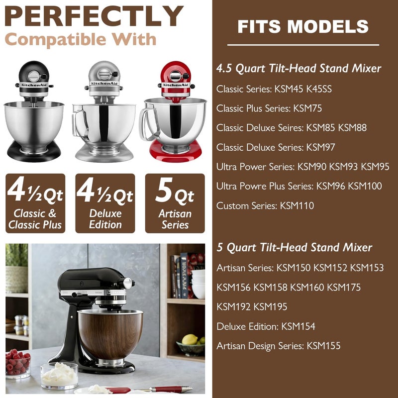 Wiselet Stainless Steel 5 Quart Mixer Bowl for Kitchenaid Classic&Artisan Tilt Head Stand Mixer, Wood Texture, Fit for K45, KSM75, KSM90, KSM150, Heavy Duty, Dishwasher Safe - Image 3