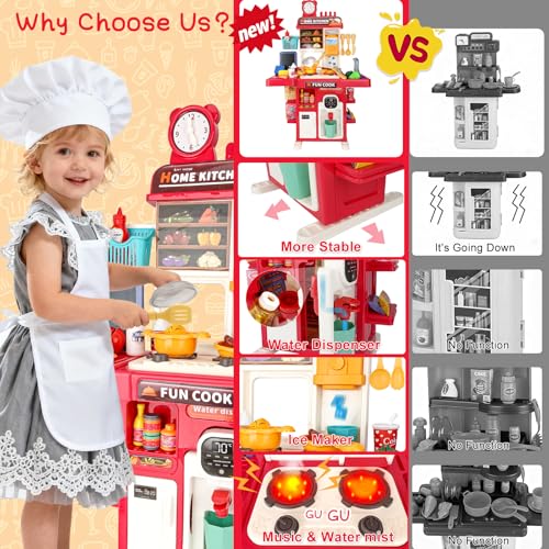 Drmukie Upgrade Toy Kitchen Set for Kids Toddlers Mini Kitchen Playset with Spray Sink Realistic Lighting Pretend Cooking Toys for 3 4 5 Year Old Girls Boys Gifts Red - Image 5
