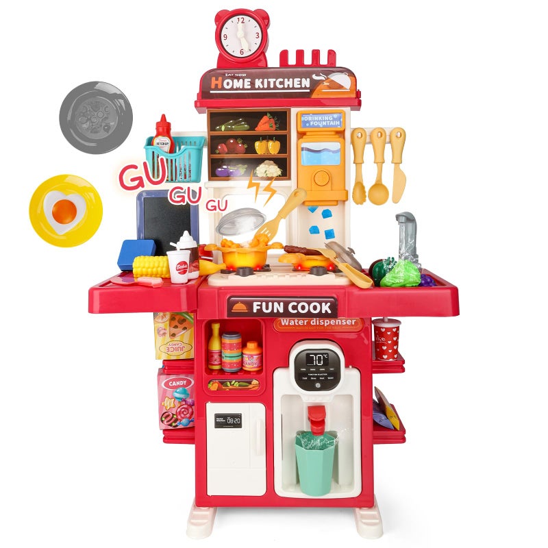Drmukie Upgrade Toy Kitchen Set for Kids Toddlers Mini Kitchen Playset with Spray Sink Realistic Lighting Pretend Cooking Toys for 3 4 5 Year Old Girls Boys Gifts Red - Image 3