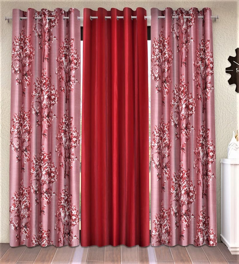 Fashion String 3 Pieces Floral Blossoms Eyelet Polyester Door Curtains 7 Feet Maroon - Image 1