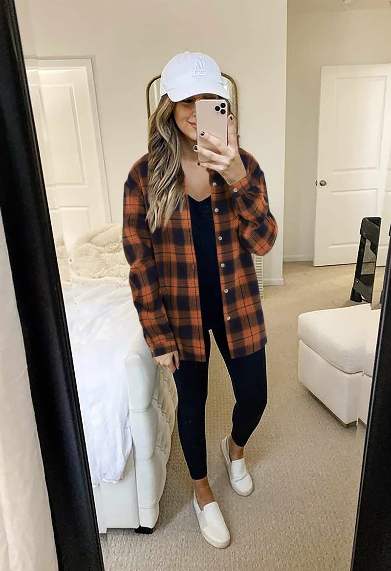 Wenrine Womens Long Sleeve Button Down Shirt Casual Plaid Flannel Shirt Collared Blouse Tops Orange - Image 2