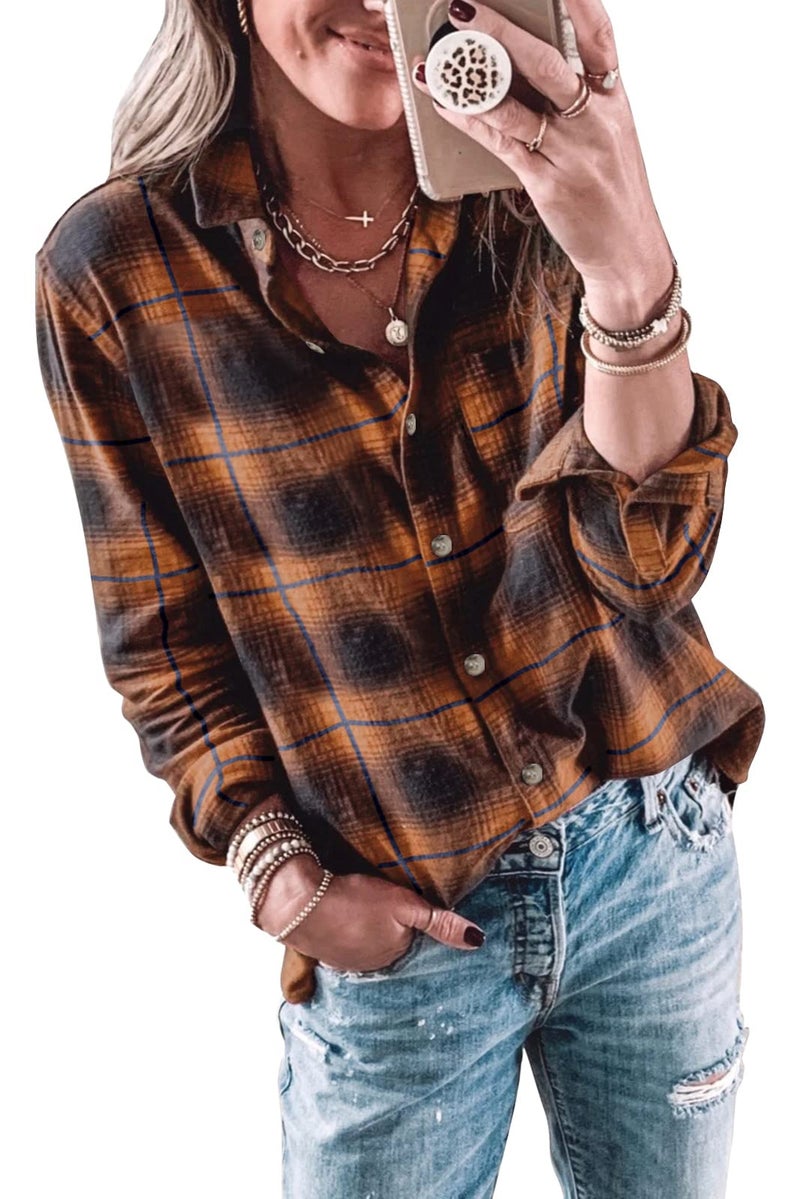 Wenrine Womens Long Sleeve Button Down Shirt Casual Plaid Flannel Shirt Collared Blouse Tops Orange - Image 1