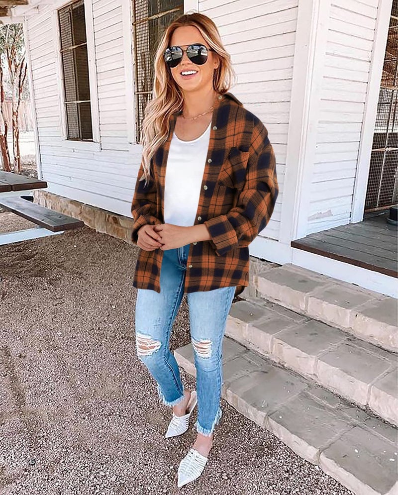 Wenrine Womens Long Sleeve Button Down Shirt Casual Plaid Flannel Shirt Collared Blouse Tops Orange - Image 3
