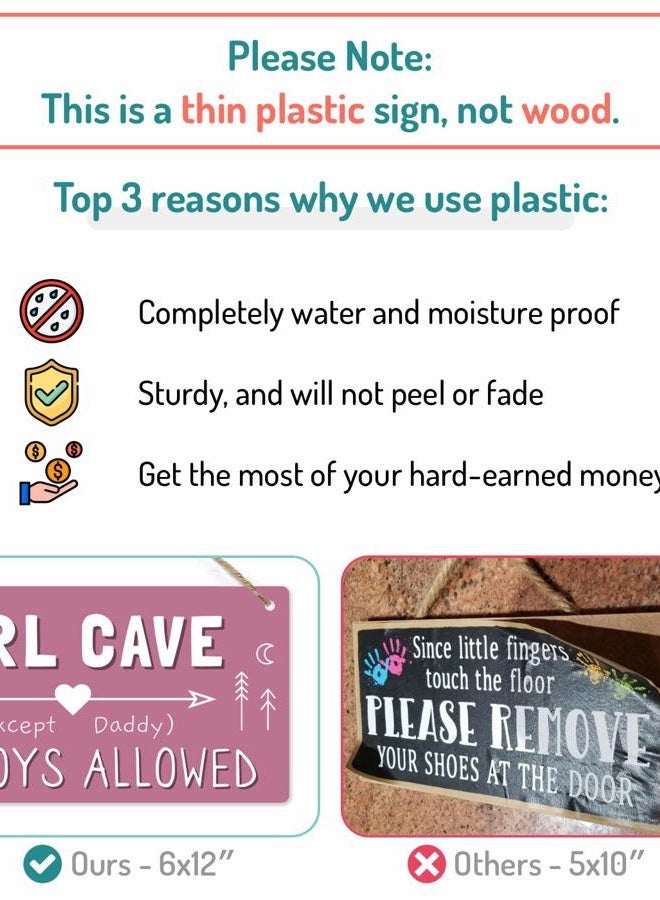 Fun-Plus Girl Cave Sign, Decorations for Bedroom, 12″x6″ PVC Plastic Decoration Hanging for Kids Room & Door, No Boys Allowed, Room Decor … - Image 3