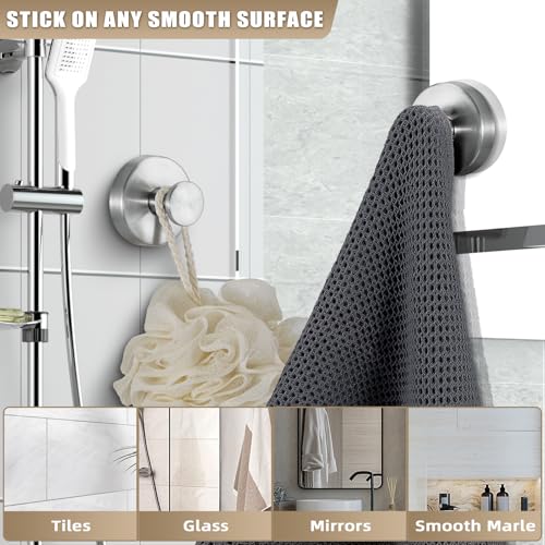 Fenas Suction Cup Hooks for Shower No-Drill Bathroom Hooks for Towels, Robes, Loofah Mountable on Bathroom Walls, Kitchen, Glass, Mirrors, Tile and Smooth,Non-Porous Surfaces (4, Brushed Nickel) - Image 2