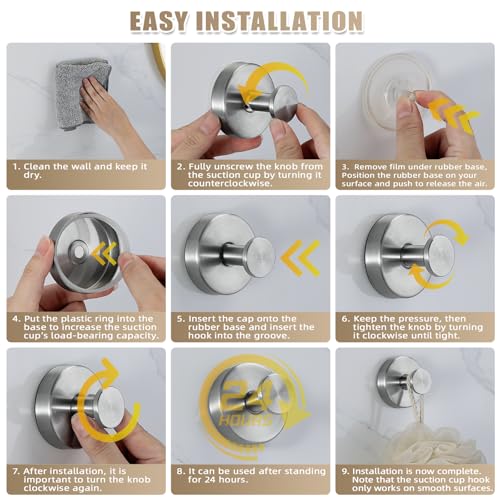 Fenas Suction Cup Hooks for Shower No-Drill Bathroom Hooks for Towels, Robes, Loofah Mountable on Bathroom Walls, Kitchen, Glass, Mirrors, Tile and Smooth,Non-Porous Surfaces (4, Brushed Nickel) - Image 5