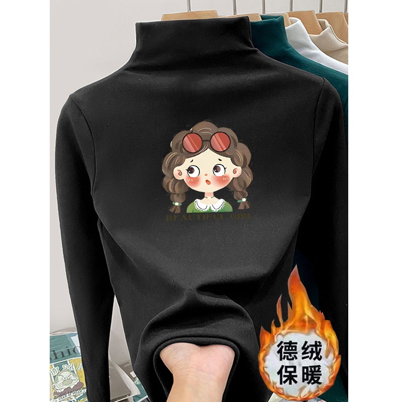 Children's Velvet Semi-high Collar T-shirt New All-match Spring and Autumn Girls Cartoon Printed Children's Long-sleeved T-shirt Trendy Base Shirt - Image 1