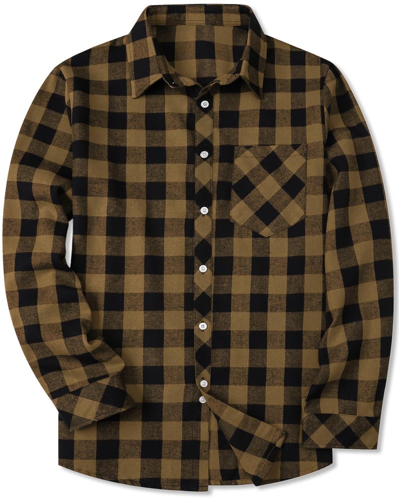 SANGTREE Mens Flannel Plaid Shirts Casual Long Sleeve Button Down Shirt Dad and Son Matching Shirts Brown Black Plaid L