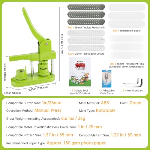 MK.Bear Button Maker Machine 25mm (1 in) DIY Gift, Installation-Free Pin Maker Machine, Pin Badge Button Press Machine with Free 500pcs Button Parts&100pcs Pictures&Circle Cutter&Magic Book(Green) - Image 3