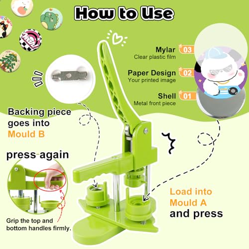 MK.Bear Button Maker Machine 25mm (1 in) DIY Gift, Installation-Free Pin Maker Machine, Pin Badge Button Press Machine with Free 500pcs Button Parts&100pcs Pictures&Circle Cutter&Magic Book(Green) - Image 4