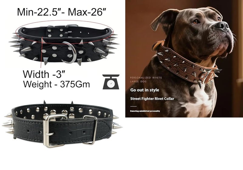 Pups&Pets Dog Adjustable Spiked Leather Collar | Stainless-Steel Sharp Spike Studded Collar with D-Ring | 3.0" Width Triple line Spike Neck Collar Belt for Large Dogs - 1Pcs (X-Large, Color May Vary) - Image 4