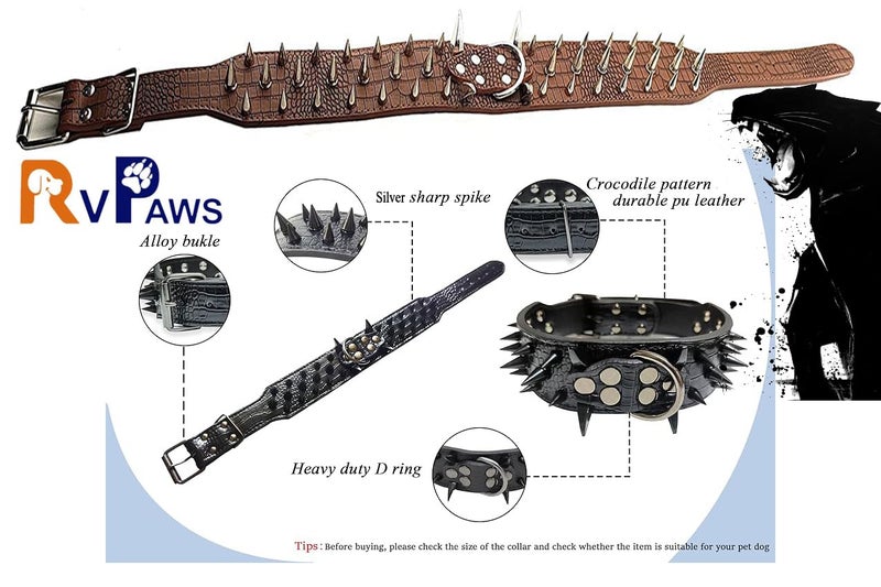 Pups&Pets Dog Adjustable Spiked Leather Collar | Stainless-Steel Sharp Spike Studded Collar with D-Ring | 3.0" Width Triple line Spike Neck Collar Belt for Large Dogs - 1Pcs (X-Large, Color May Vary) - Image 2