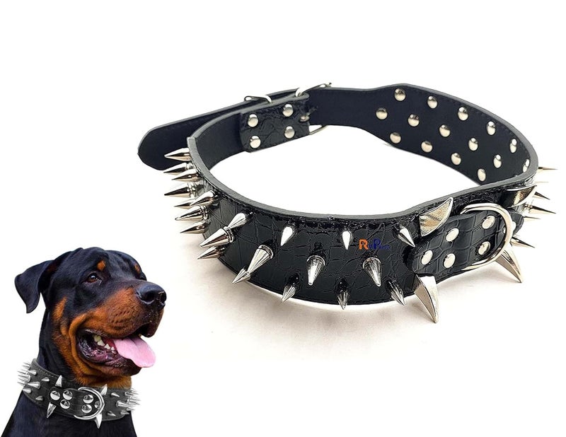 Pups&Pets Dog Adjustable Spiked Leather Collar | Stainless-Steel Sharp Spike Studded Collar with D-Ring | 3.0" Width Triple line Spike Neck Collar Belt for Large Dogs - 1Pcs (X-Large, Color May Vary) - Image 1