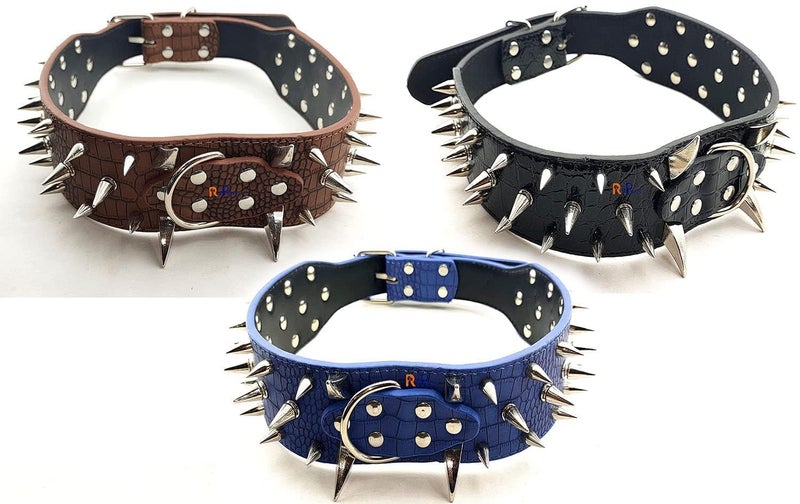 Pups&Pets Dog Adjustable Spiked Leather Collar | Stainless-Steel Sharp Spike Studded Collar with D-Ring | 3.0" Width Triple line Spike Neck Collar Belt for Large Dogs - 1Pcs (X-Large, Color May Vary) - Image 5