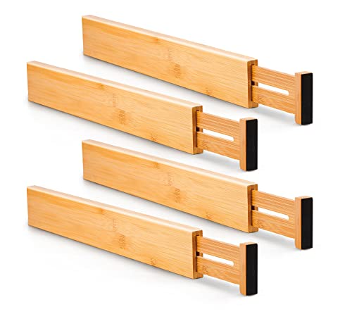 Utoplike 4 pcs Bamboo Kitchen Drawer Dividers Large, Adjustable Drawer Organizers, Spring Loaded, Expandable Organization Works in Kitchen, Dresser, Bathroom, Bedroom, Drawer, Desk - Image 1
