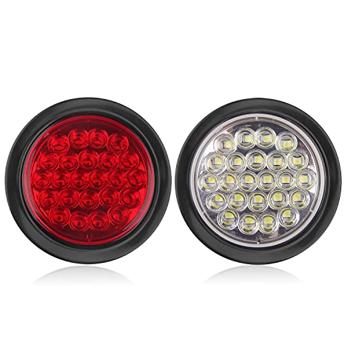 Partswcgg 4Pcs 4 Inch Round Led Stop Turn Tail Brake Backup Reverse Lights 24 LED Waterproof 4 Inch Round LED Trailer Tail Lights for Trucks RV W/Lights Grommets 3-Prong Trailer Wire Pigtails 12V (2Red+2White) - Image 2