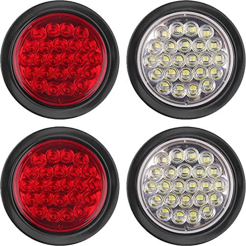 Partswcgg 4Pcs 4 Inch Round Led Stop Turn Tail Brake Backup Reverse Lights 24 LED Waterproof 4 Inch Round LED Trailer Tail Lights for Trucks RV W/Lights Grommets 3-Prong Trailer Wire Pigtails 12V (2Red+2White) - Image 1