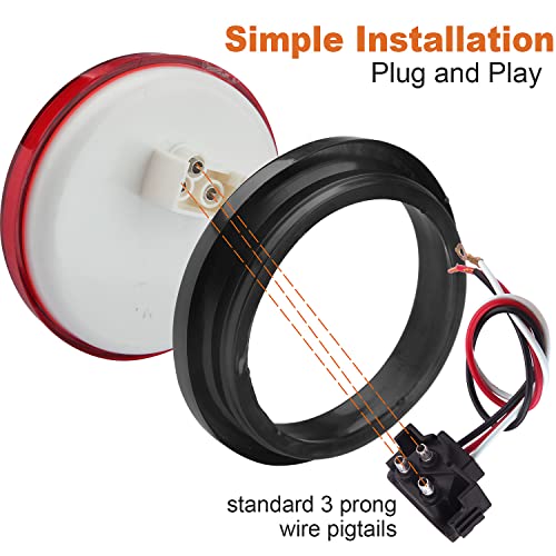 Partswcgg 4Pcs 4 Inch Round Led Stop Turn Tail Brake Backup Reverse Lights 24 LED Waterproof 4 Inch Round LED Trailer Tail Lights for Trucks RV W/Lights Grommets 3-Prong Trailer Wire Pigtails 12V (2Red+2White) - Image 4