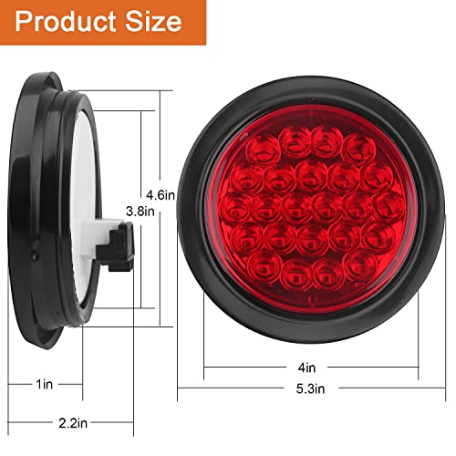 Partswcgg 4Pcs 4 Inch Round Led Stop Turn Tail Brake Backup Reverse Lights 24 LED Waterproof 4 Inch Round LED Trailer Tail Lights for Trucks RV W/Lights Grommets 3-Prong Trailer Wire Pigtails 12V (2Red+2White) - Image 5