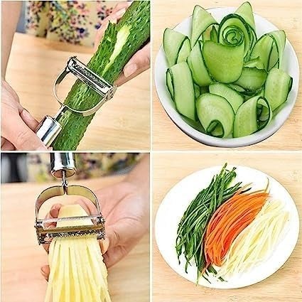 SARTHU Stainless Steel 2 in 1 Julienne Vegetable Peeler Multi-Functional Fruit Vegetable Shredder Slicer Double Planing Cutter Potato Cucumber Carrot Melon Grater (Silver) - Image 4