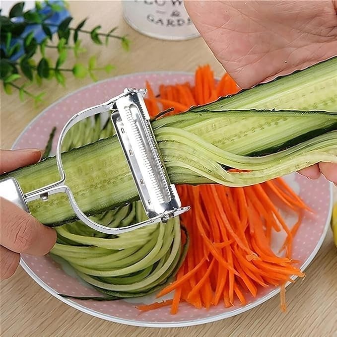 SARTHU Stainless Steel 2 in 1 Julienne Vegetable Peeler Multi-Functional Fruit Vegetable Shredder Slicer Double Planing Cutter Potato Cucumber Carrot Melon Grater (Silver) - Image 1