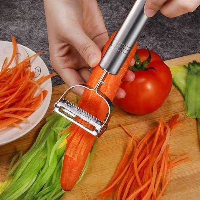 SARTHU Stainless Steel 2 in 1 Julienne Vegetable Peeler Multi-Functional Fruit Vegetable Shredder Slicer Double Planing Cutter Potato Cucumber Carrot Melon Grater (Silver) - Image 2